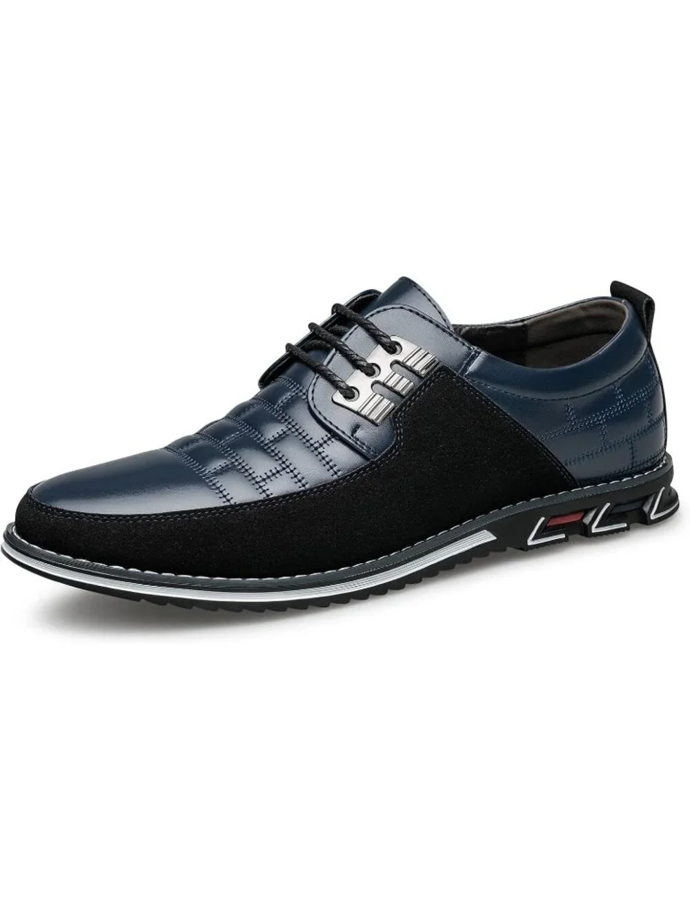 Men's Blue Leather Plaid Embossed Grid Comfortable Hybrid Oxford Dress Sneakers